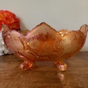 Jeanette Glass Marigold Carnival Dish Vintage Lombardi Pattern Iridescent Oval B